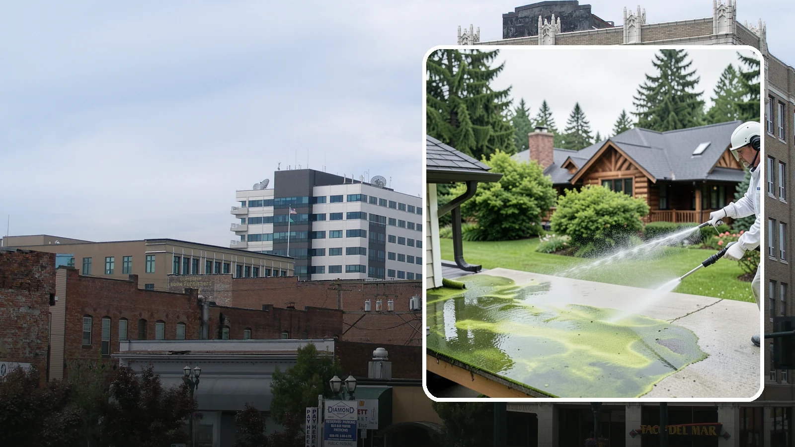 Algae Removal in Everett, Snohomish County, WA - Soft-wash algae removal that lifts the green film coating siding, roofs, decks, and concrete across shaded properties.