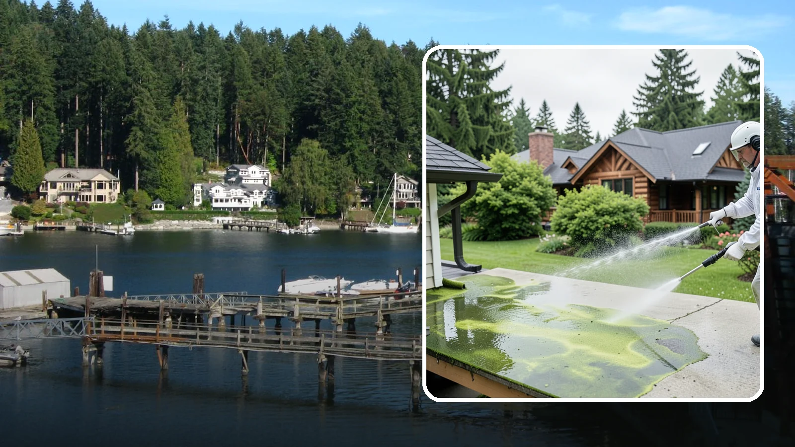 Algae Removal in Gig Harbor, Pierce County, WA - Soft-wash algae removal that lifts the green film coating siding, roofs, decks, and concrete across shaded properties.