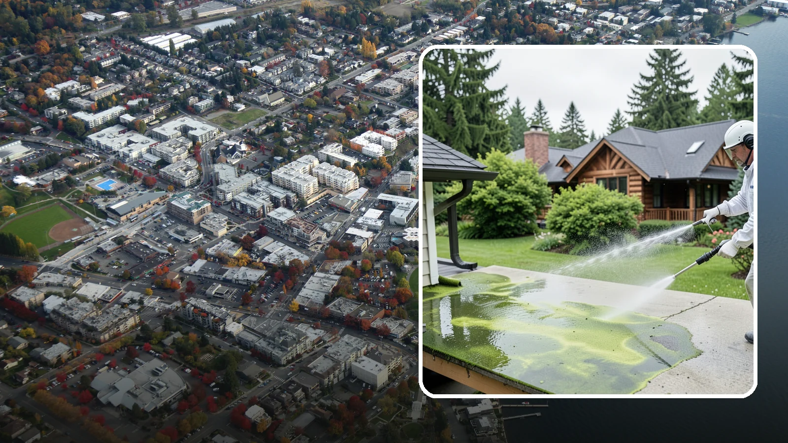 Algae Removal in Kirkland, King County, WA - Soft-wash algae removal that lifts the green film coating siding, roofs, decks, and concrete across shaded properties.