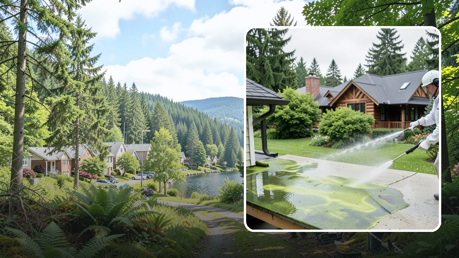 Algae Removal in Lake Forest Park, King County, WA - Soft-wash algae removal that lifts the green film coating siding, roofs, decks, and concrete across shaded properties.