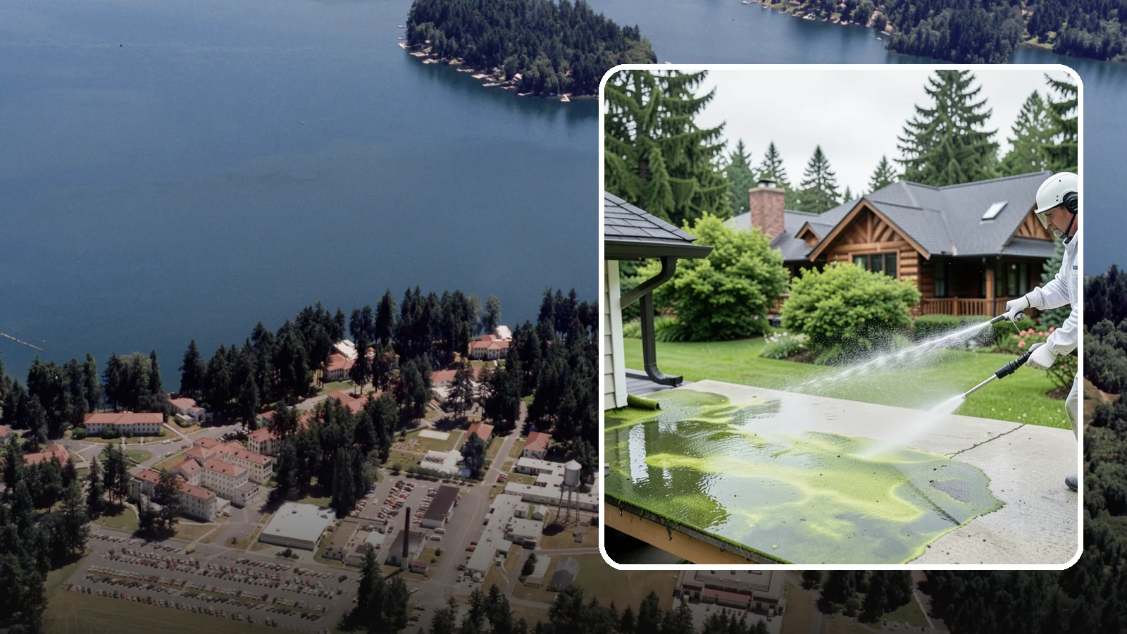 Algae Removal in Lakewood, Pierce County, WA - Soft-wash algae removal that lifts the green film coating siding, roofs, decks, and concrete across shaded properties.