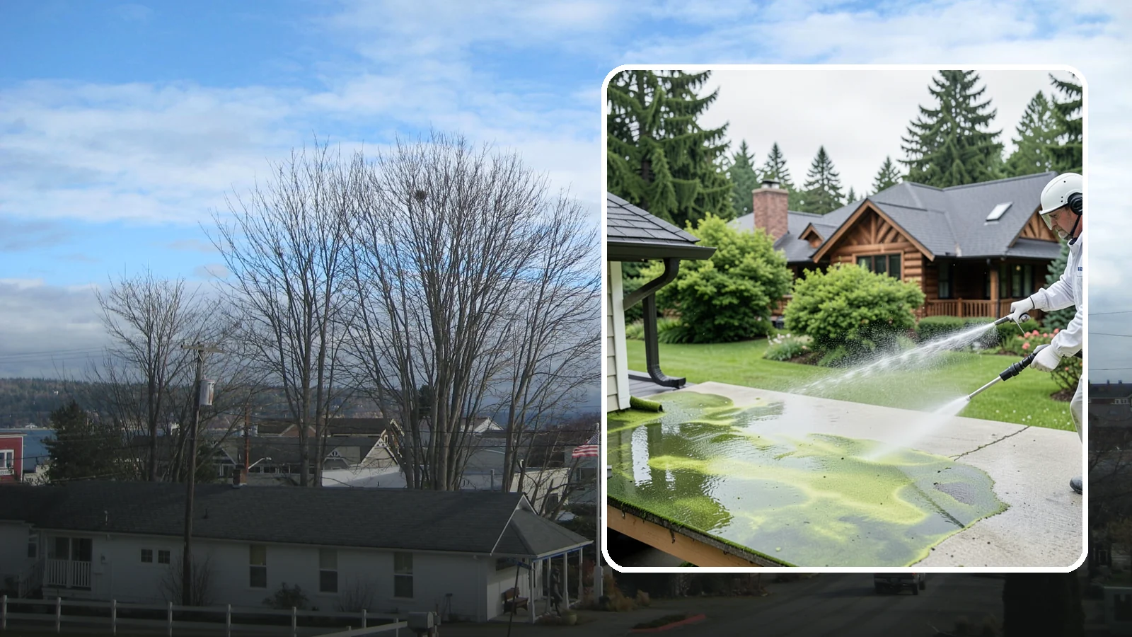 Algae Removal in Langley, Island County, WA - Soft-wash algae removal that lifts the green film coating siding, roofs, decks, and concrete across shaded properties.