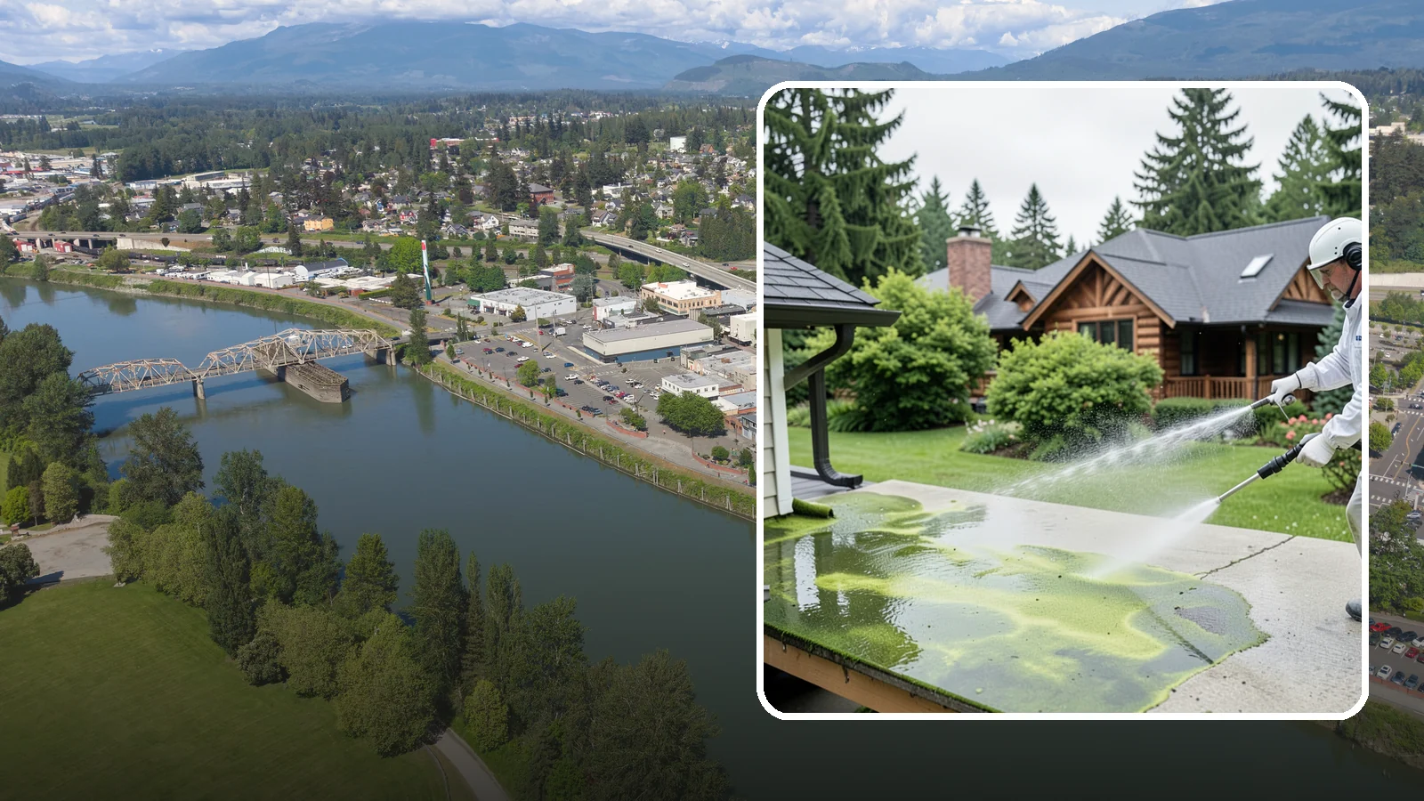 Algae Removal in Mount Vernon, Skagit County, WA - Soft-wash algae removal that lifts the green film coating siding, roofs, decks, and concrete across shaded properties.