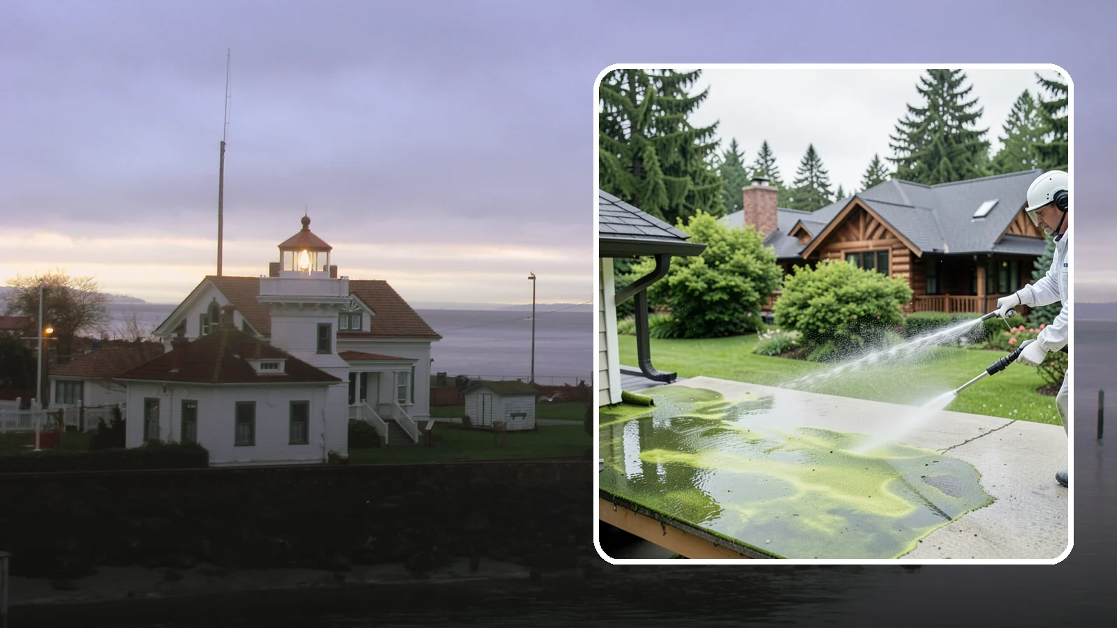 Algae Removal in Mukilteo, Snohomish County, WA - Soft-wash algae removal that lifts the green film coating siding, roofs, decks, and concrete across shaded properties.
