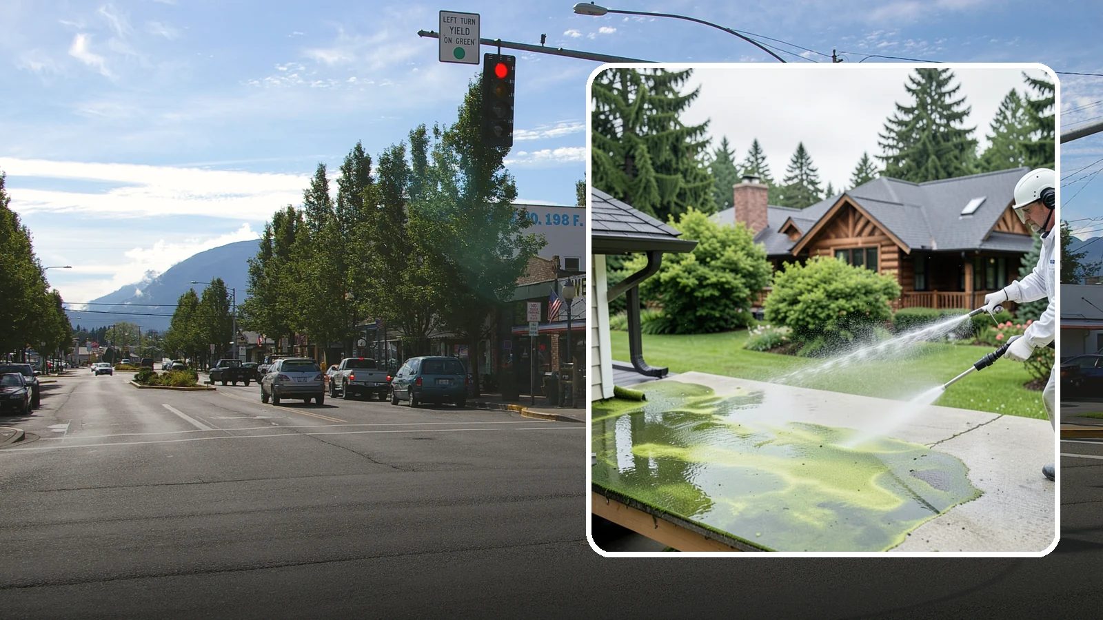 Algae Removal in North Bend, King County, WA - Soft-wash algae removal that lifts the green film coating siding, roofs, decks, and concrete across shaded properties.