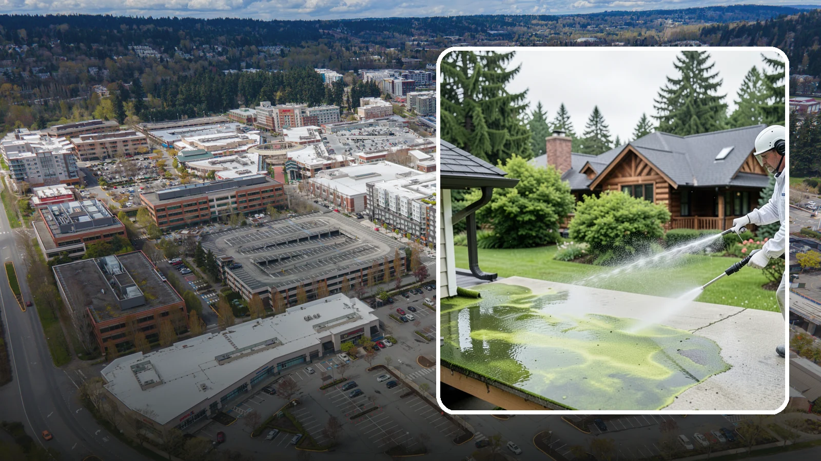 Algae Removal in Redmond, King County, WA - Soft-wash algae removal that lifts the green film coating siding, roofs, decks, and concrete across shaded properties.