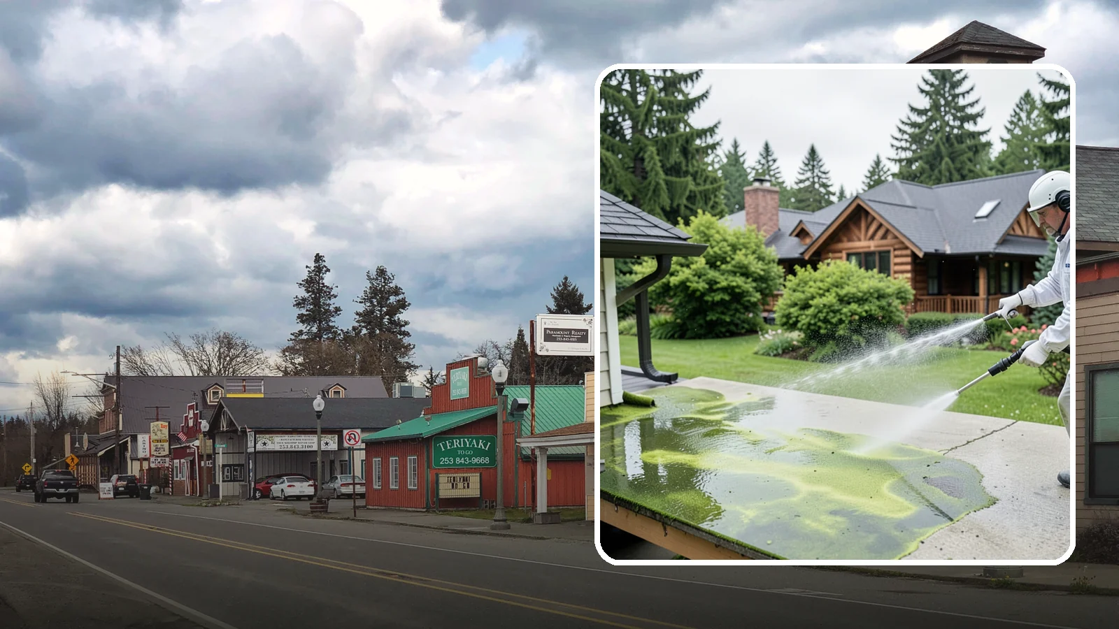 Algae Removal in Roy, Pierce County, WA - Soft-wash algae removal that lifts the green film coating siding, roofs, decks, and concrete across shaded properties.