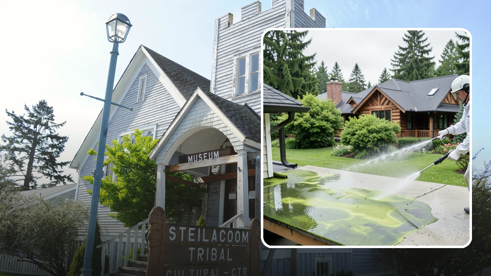 Algae Removal in Steilacoom, Pierce County, WA - Soft-wash algae removal that lifts the green film coating siding, roofs, decks, and concrete across shaded properties.