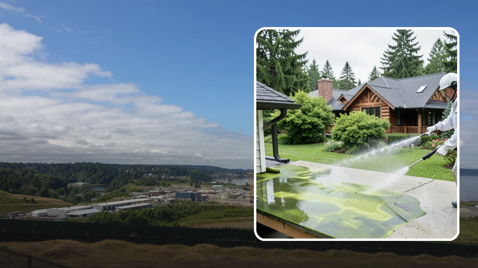 Algae Removal in University Place, Pierce County, WA - Soft-wash algae removal that lifts the green film coating siding, roofs, decks, and concrete across shaded properties.