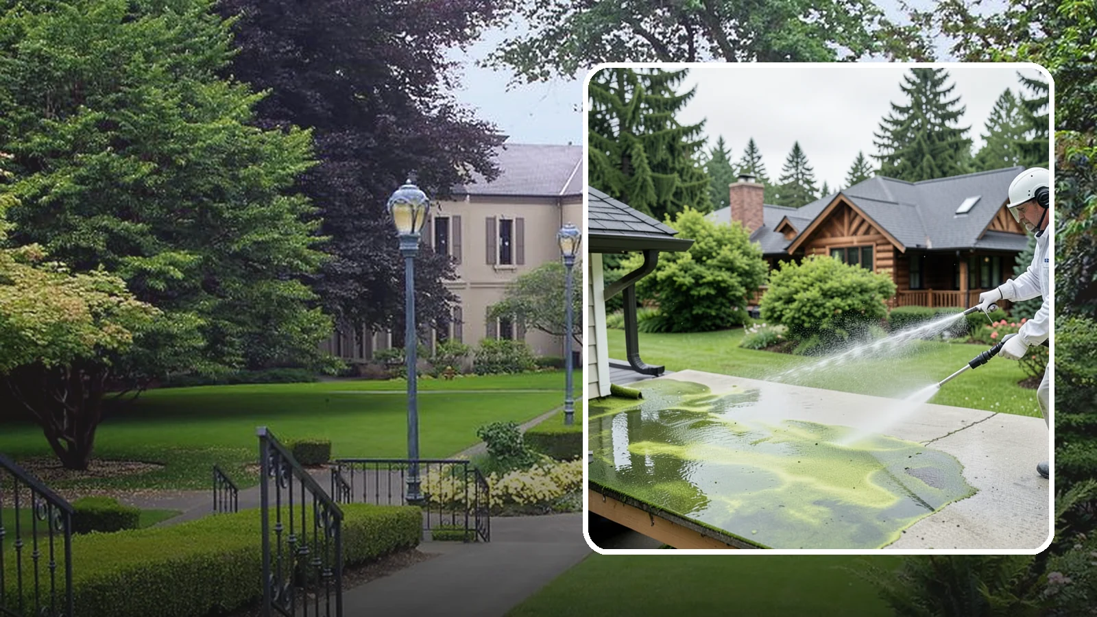 Algae Removal in Woodinville, King County, WA - Soft-wash algae removal that lifts the green film coating siding, roofs, decks, and concrete across shaded properties.