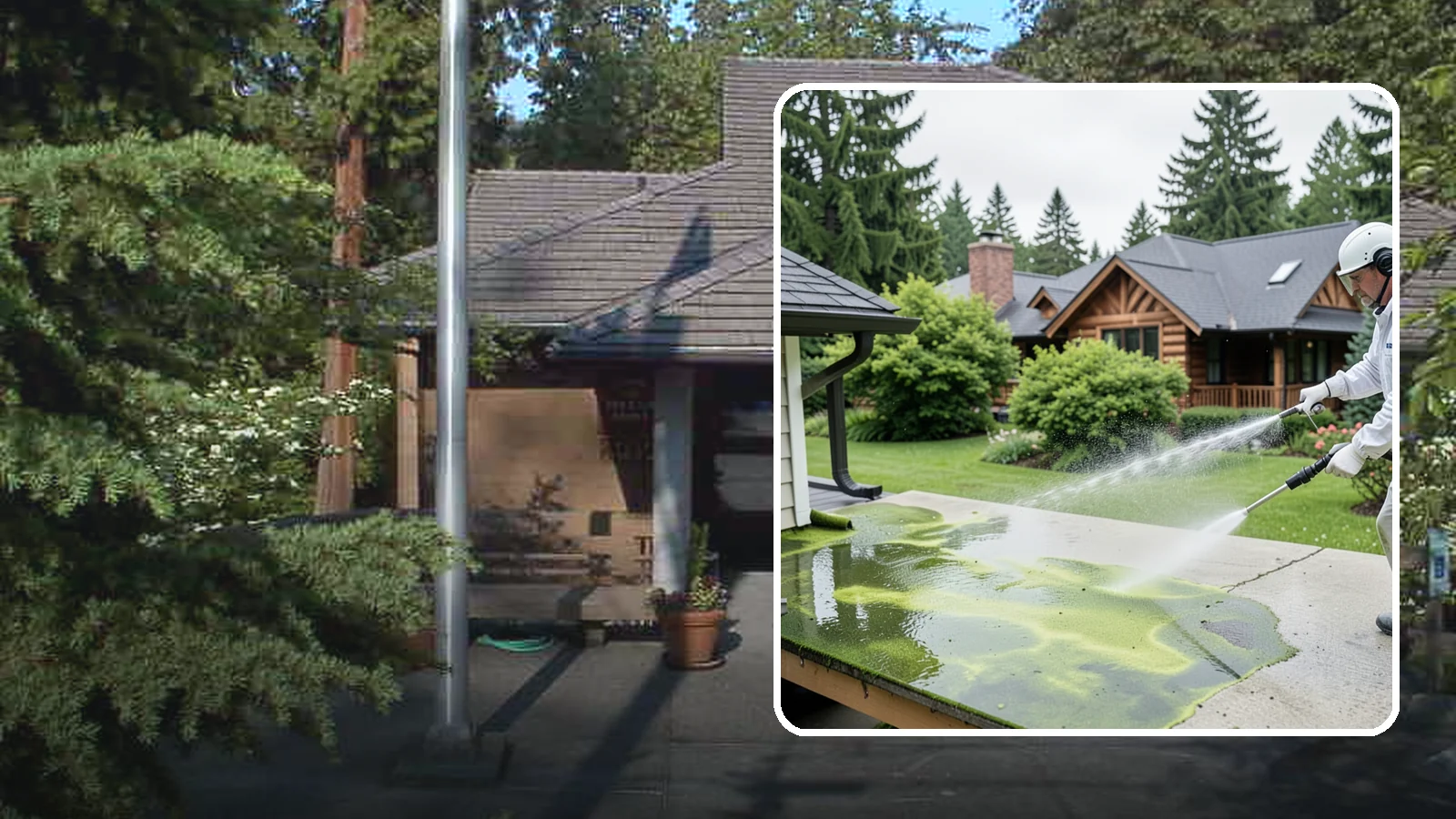 Algae Removal in Yarrow Point, King County, WA - Soft-wash algae removal that lifts the green film coating siding, roofs, decks, and concrete across shaded properties.