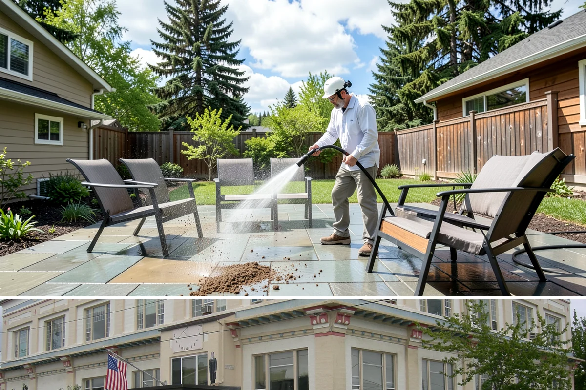 Aluminum Fence Cleaning in Anacortes, Skagit County, WA - Late spring is a good time to clear off winter oxidation and green film before summer entertaining.
