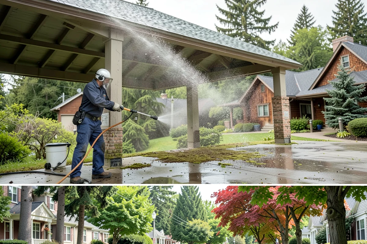 Aluminum Fence Cleaning in Beaux Arts Village, King County, WA - Late spring is a good time to clear off winter oxidation and green film before summer entertaining.