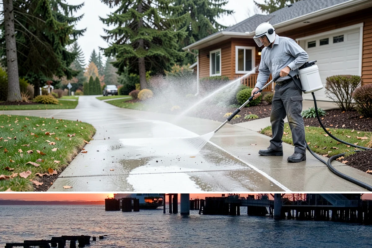 Aluminum Fence Cleaning in Edmonds, Snohomish County, WA - Late spring is a good time to clear off winter oxidation and green film before summer entertaining.