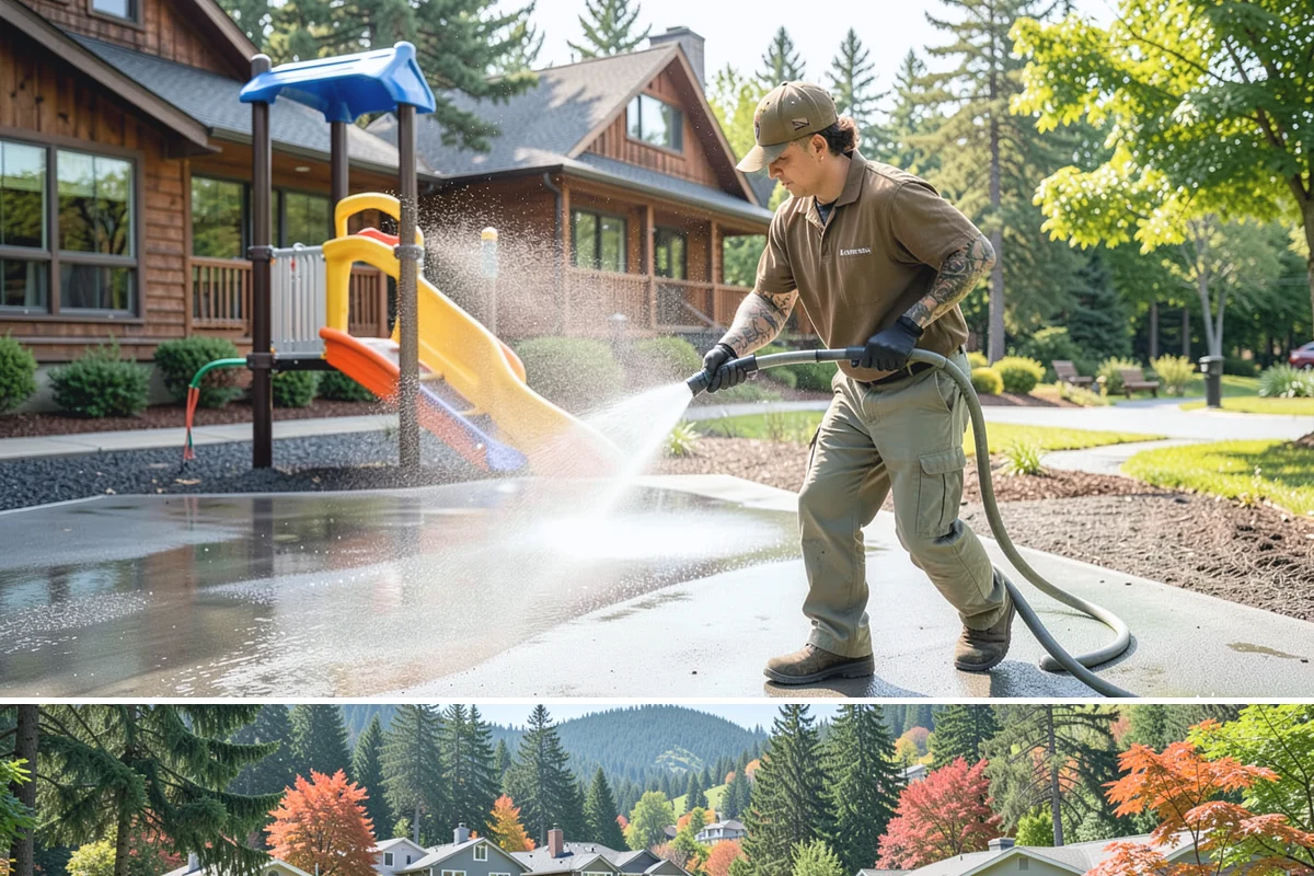 Aluminum Fence Cleaning in Fircrest, Pierce County, WA - Late spring is a good time to clear off winter oxidation and green film before summer entertaining.