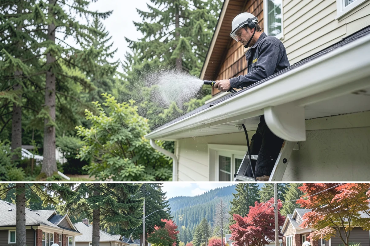 Aluminum Fence Cleaning in Hunts Point, King County, WA - Late spring is a good time to clear off winter oxidation and green film before summer entertaining.