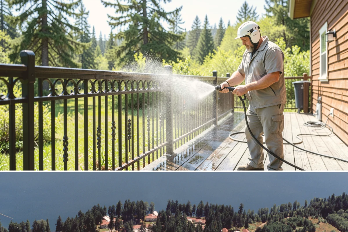 Aluminum Fence Cleaning in Lakewood, Pierce County, WA - Late spring is a good time to clear off winter oxidation and green film before summer entertaining.
