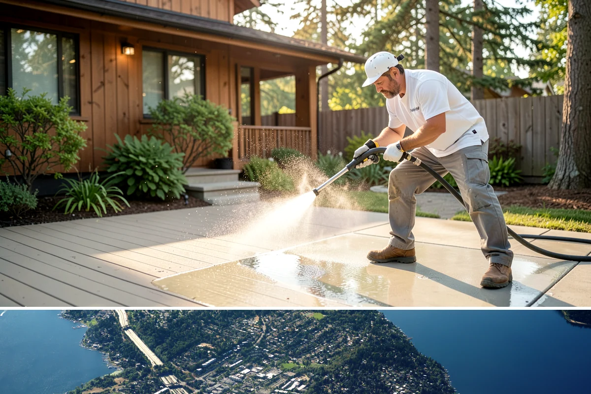 Aluminum Fence Cleaning in Mercer Island, King County, WA - Late spring is a good time to clear off winter oxidation and green film before summer entertaining.