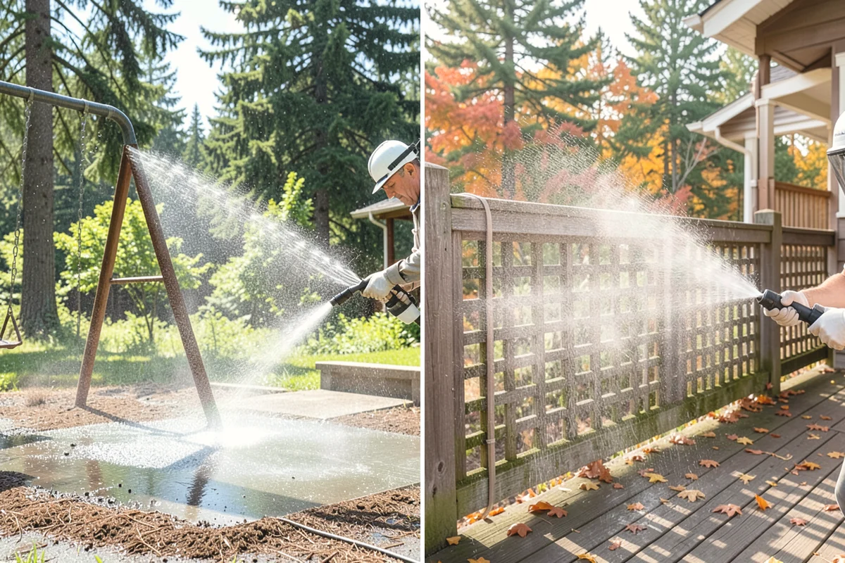 Aluminum Fence Cleaning in North Bend, King County, WA - Rinse loose dust and debris from the fence
