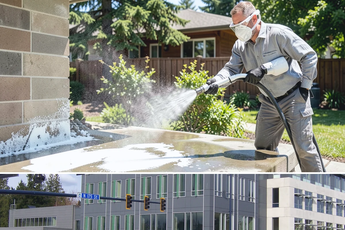 Aluminum Fence Cleaning in Shoreline, King County, WA - Late spring is a good time to clear off winter oxidation and green film before summer entertaining.