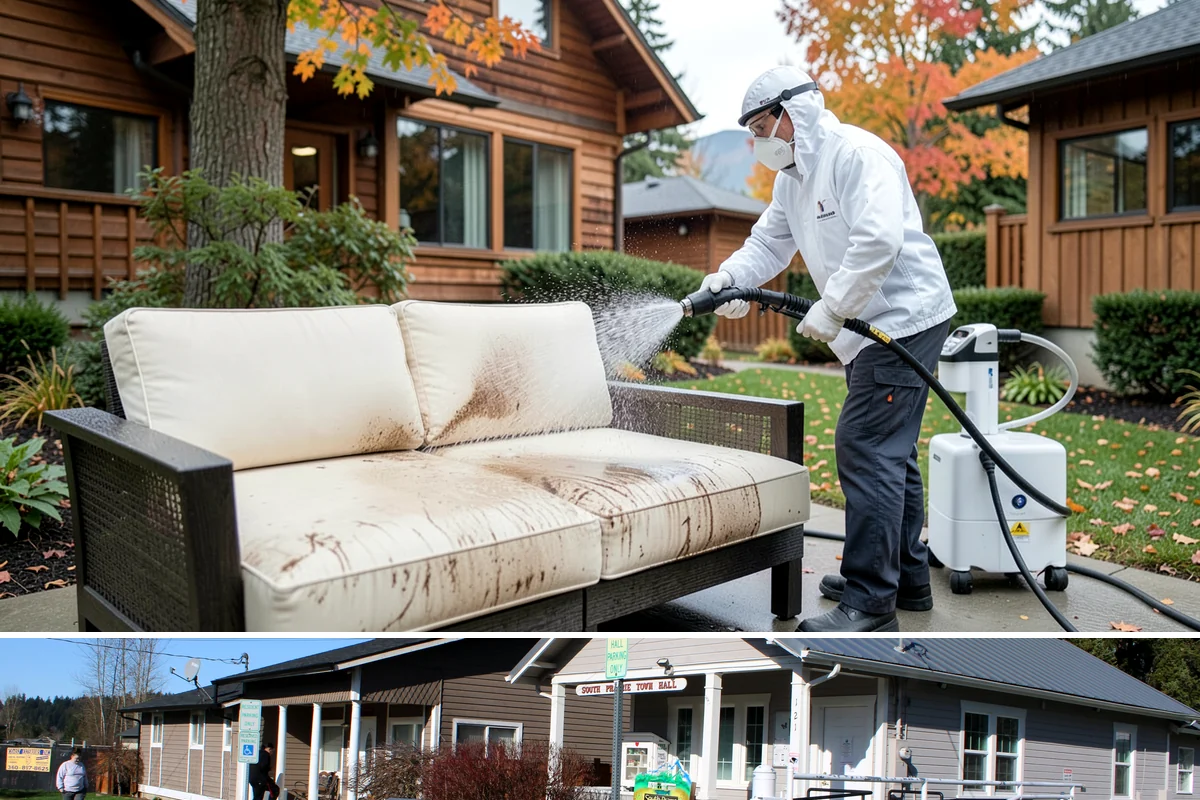 Aluminum Fence Cleaning in South Prairie, Pierce County, WA - Late spring is a good time to clear off winter oxidation and green film before summer entertaining.