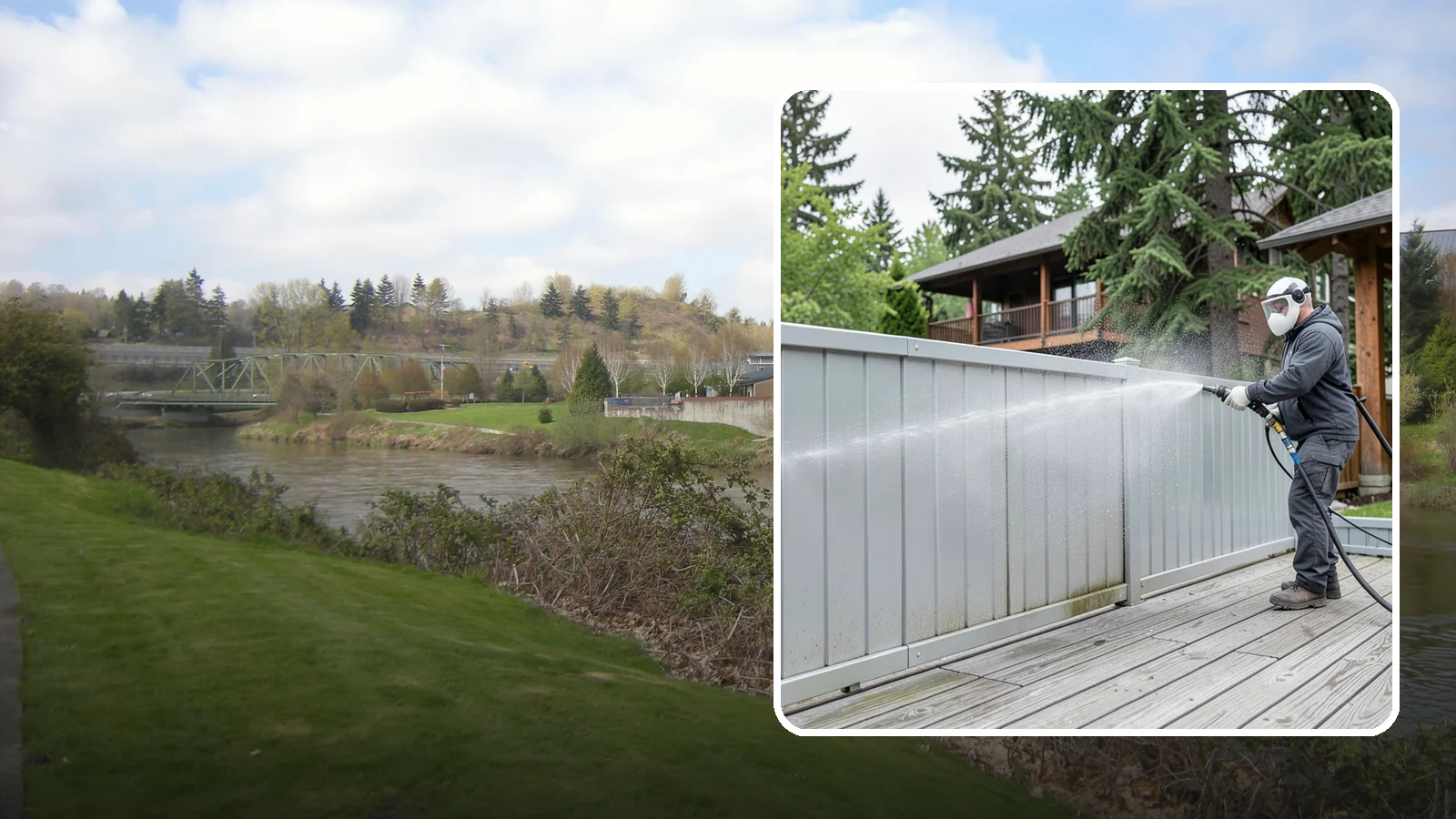 Aluminum Fence Cleaning in Tukwila, King County, WA - Gentle cleaning that lifts oxidation haze and grime from powder-coated aluminum fencing.