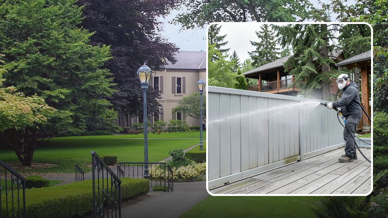 Aluminum Fence Cleaning in Woodinville, King County, WA - Gentle cleaning that lifts oxidation haze and grime from powder-coated aluminum fencing.