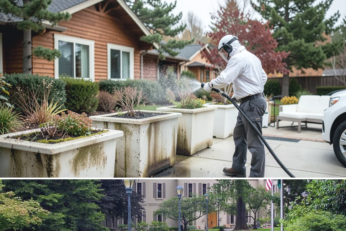 Aluminum Fence Cleaning in Woodinville, King County, WA - Late spring is a good time to clear off winter oxidation and green film before summer entertaining.