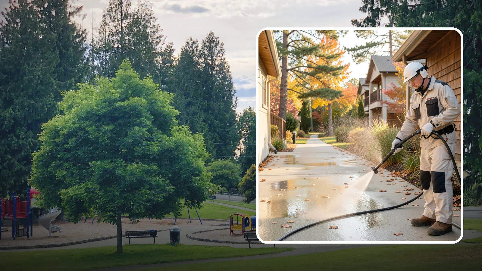 Apartment Breezeway Cleaning in Bonney Lake, Pierce County, WA - Cleaning of apartment breezeways and shared corridors that clears dirt, spills, cobwebs, and algae from the walkways residents...