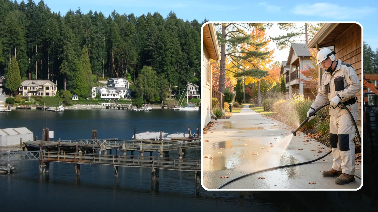 Apartment Breezeway Cleaning in Gig Harbor, Pierce County, WA - Cleaning of apartment breezeways and shared corridors that clears dirt, spills, cobwebs, and algae from the walkways residents...