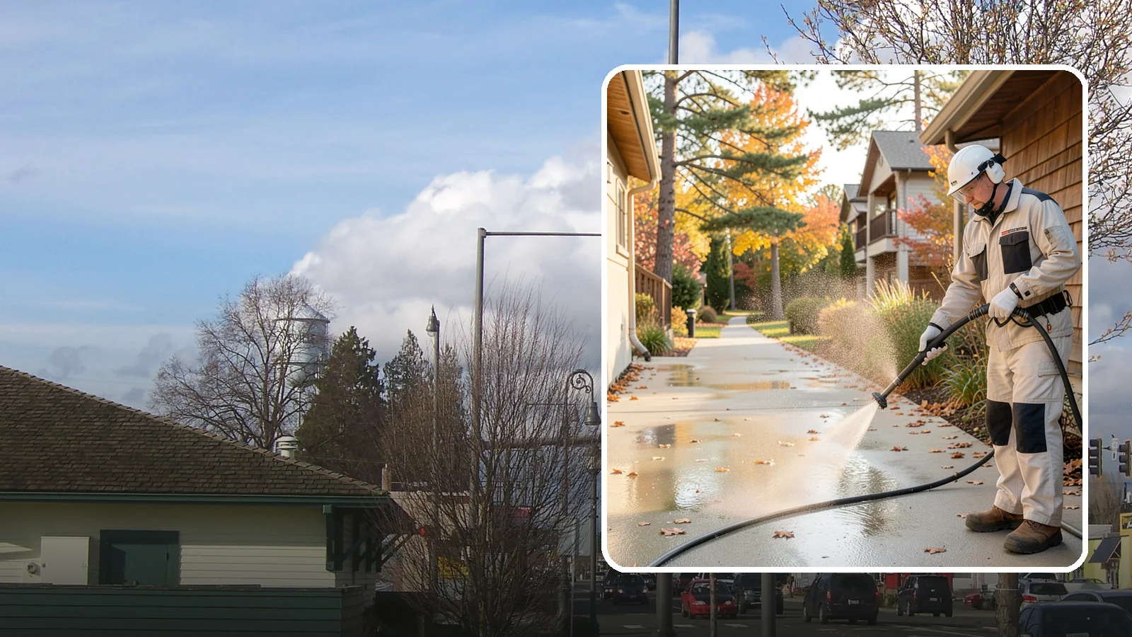 Apartment Breezeway Cleaning in Marysville, Snohomish County, WA - Cleaning of apartment breezeways and shared corridors that clears dirt, spills, cobwebs, and algae from the walkways residents...