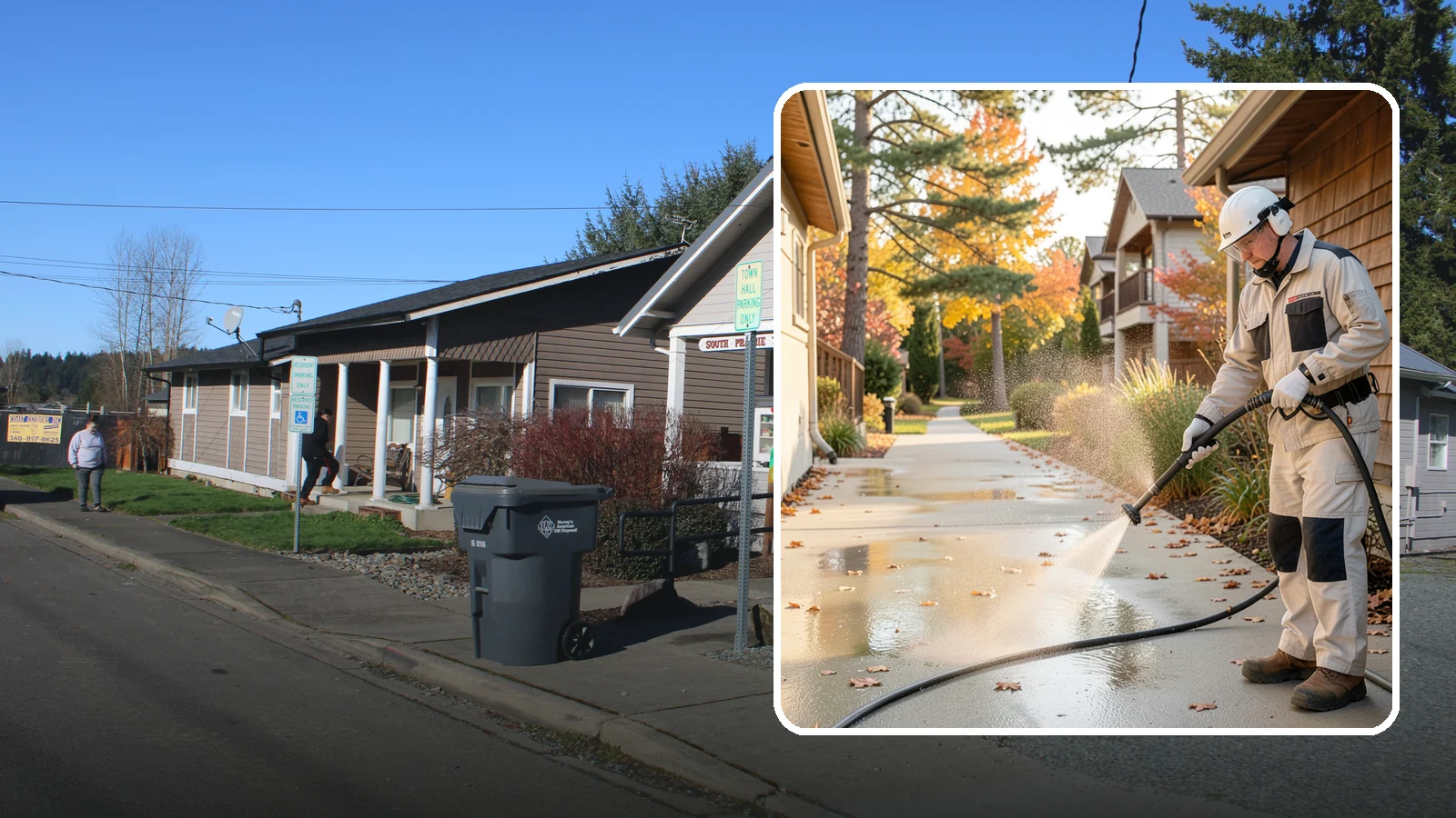 Apartment Breezeway Cleaning in South Prairie, Pierce County, WA - Cleaning of apartment breezeways and shared corridors that clears dirt, spills, cobwebs, and algae from the walkways residents...
