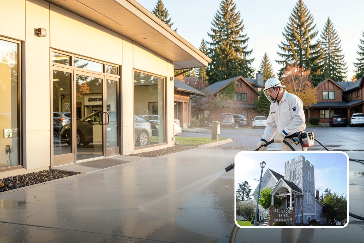 Apartment Breezeway Cleaning in Steilacoom, Pierce County, WA - Clears slick algae from covered corridor floors