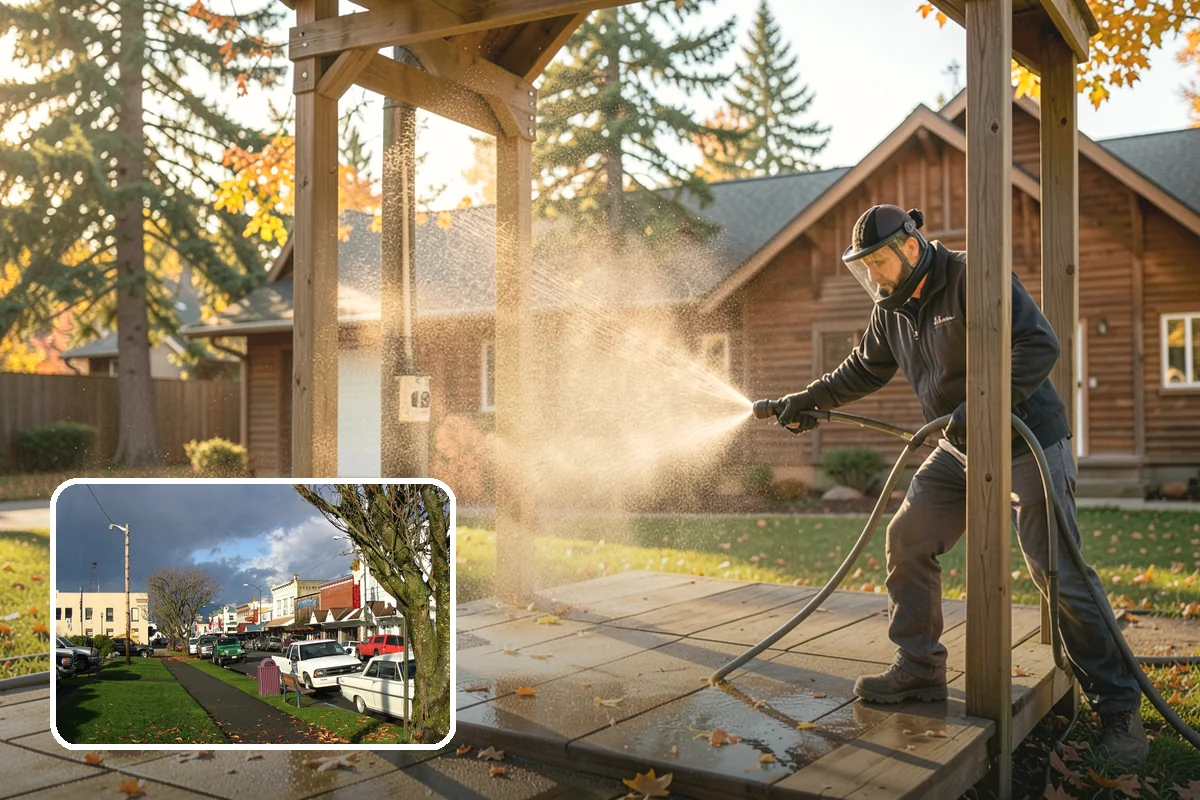 Arbor Cleaning in Arlington, Snohomish County, WA - Removes green algae film from beams, slats, and joints