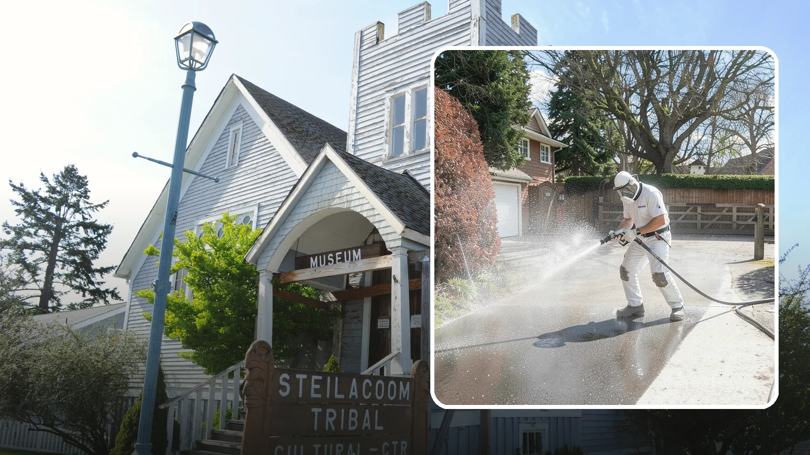 Asphalt Driveway Cleaning in Steilacoom, Pierce County, WA - Gentle yet effective cleaning for asphalt driveways that removes growth and grime without harming the binder.