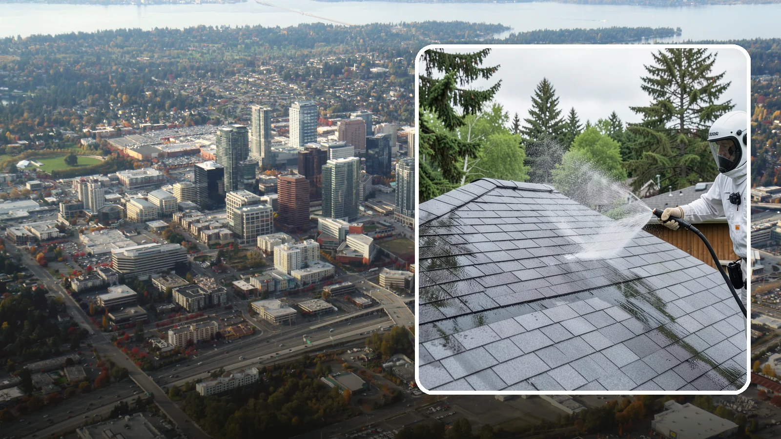 Asphalt Shingle Roof Cleaning in Bellevue, King County, WA - Specialized cleaning for asphalt and composition shingle roofs that removes the black streaks common across Washington...