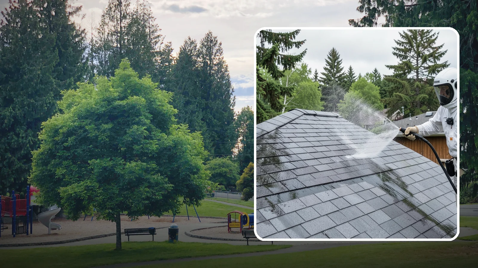 Asphalt Shingle Roof Cleaning in Bonney Lake, Pierce County, WA - Specialized cleaning for asphalt and composition shingle roofs that removes the black streaks common across Washington...
