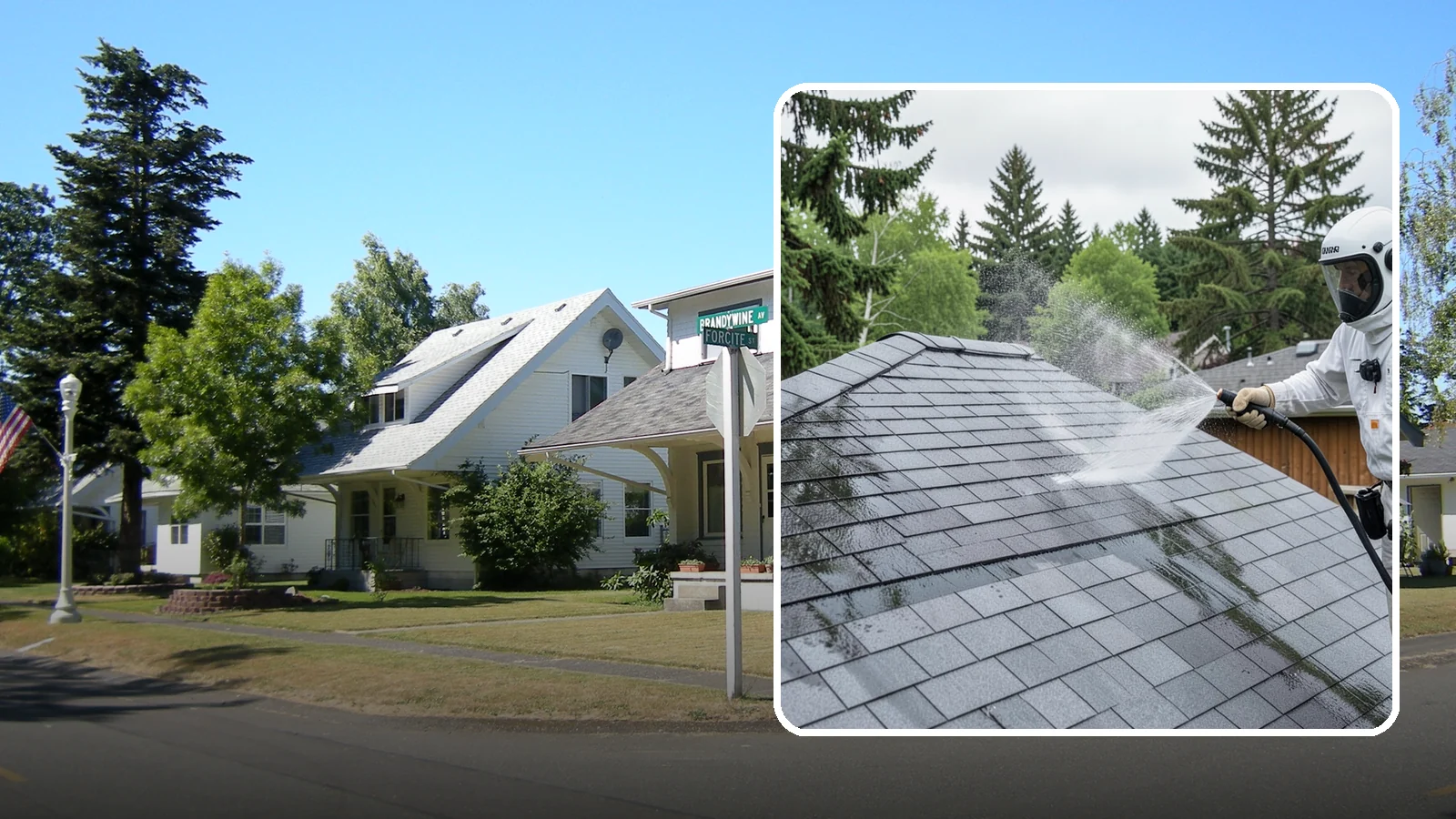 Asphalt Shingle Roof Cleaning in DuPont, Pierce County, WA - Specialized cleaning for asphalt and composition shingle roofs that removes the black streaks common across Washington...