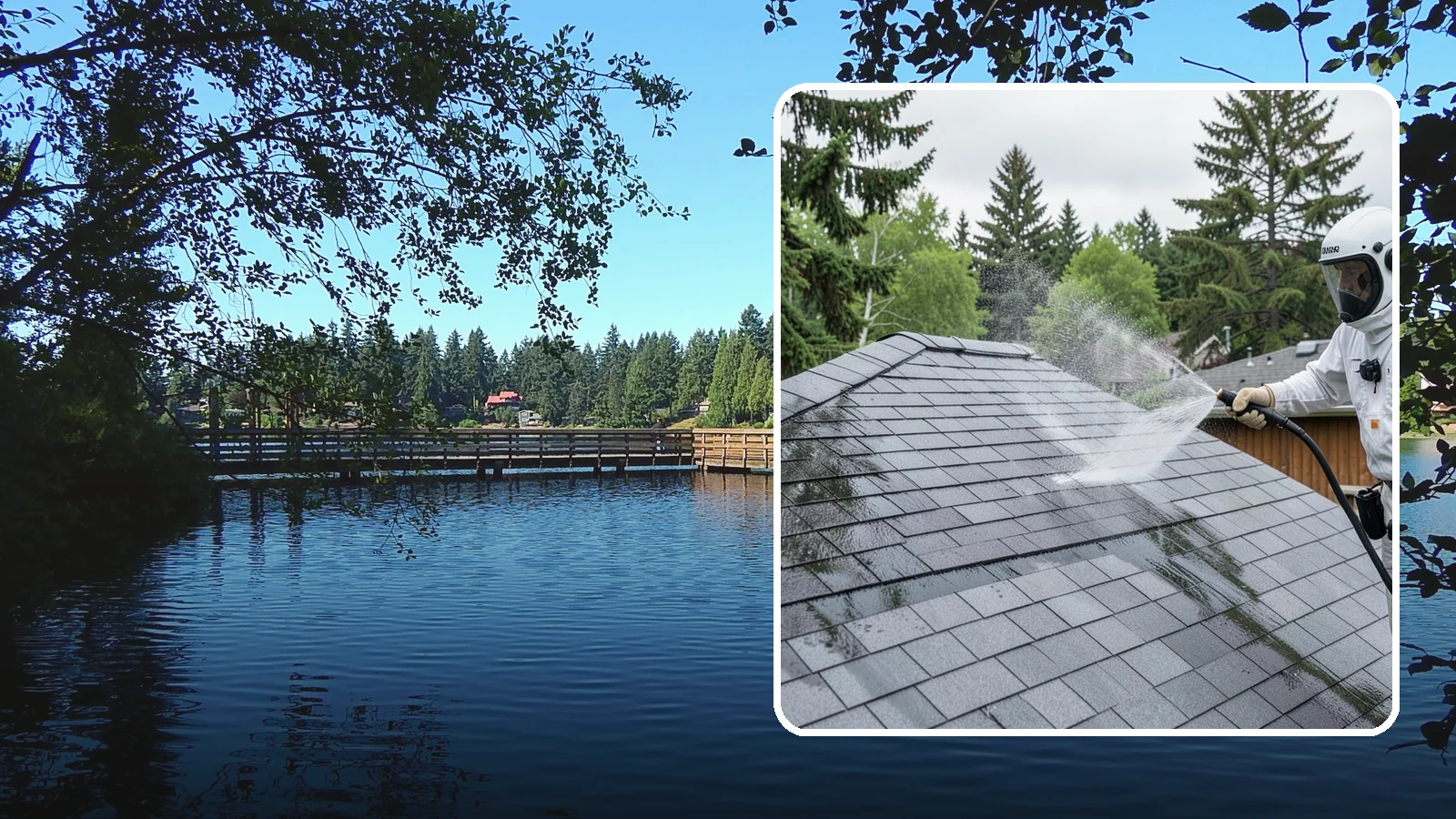 Asphalt Shingle Roof Cleaning in Federal Way, King County, WA - Specialized cleaning for asphalt and composition shingle roofs that removes the black streaks common across Washington...