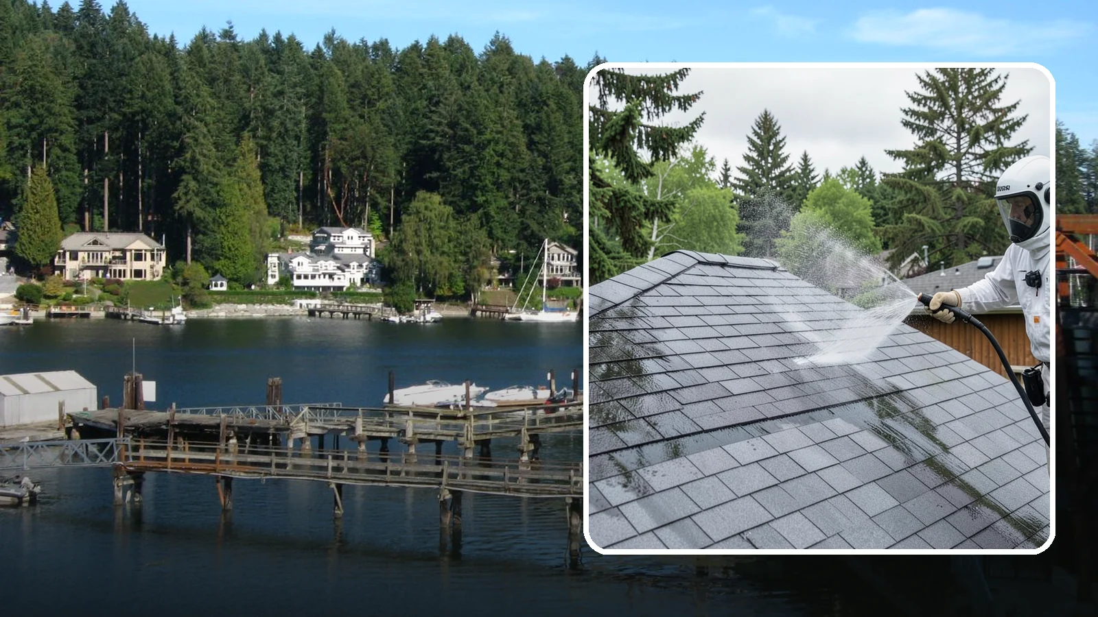 Asphalt Shingle Roof Cleaning in Gig Harbor, Pierce County, WA - Specialized cleaning for asphalt and composition shingle roofs that removes the black streaks common across Washington...