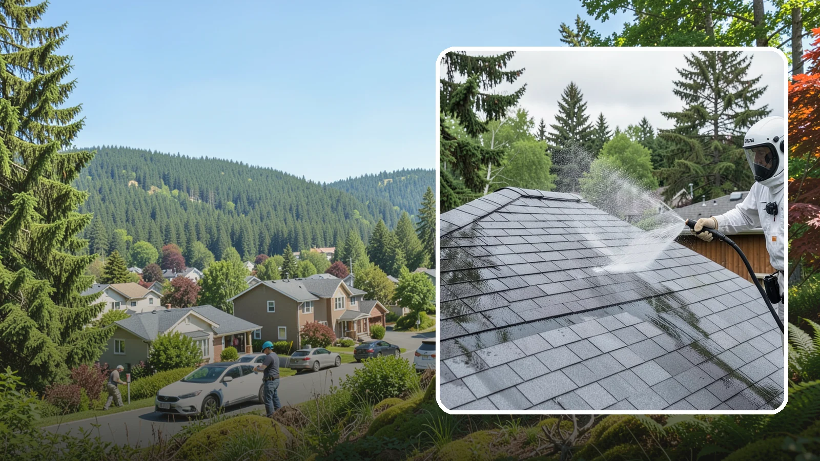 Asphalt Shingle Roof Cleaning in Index, Snohomish County, WA - Specialized cleaning for asphalt and composition shingle roofs that removes the black streaks common across Washington...