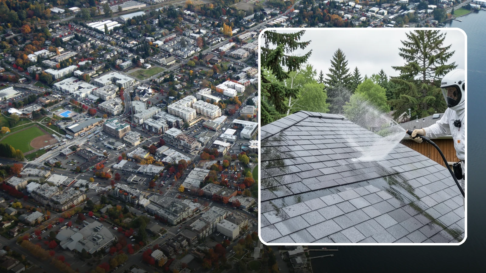 Asphalt Shingle Roof Cleaning in Kirkland, King County, WA - Specialized cleaning for asphalt and composition shingle roofs that removes the black streaks common across Washington...