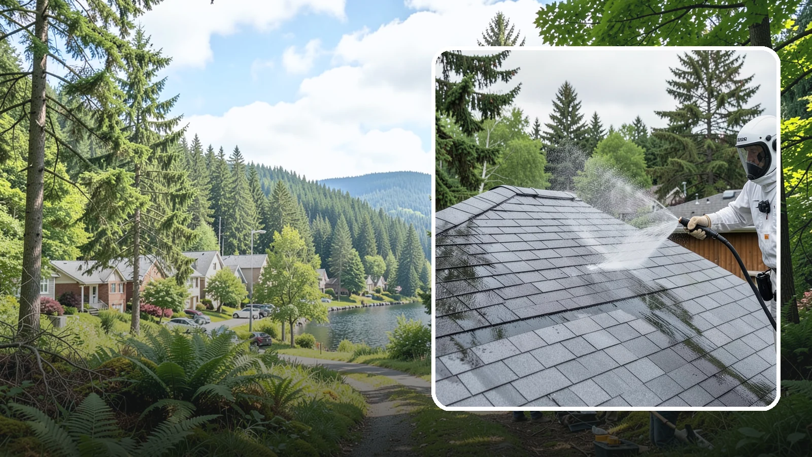 Asphalt Shingle Roof Cleaning in Lake Forest Park, King County, WA - Specialized cleaning for asphalt and composition shingle roofs that removes the black streaks common across Washington...