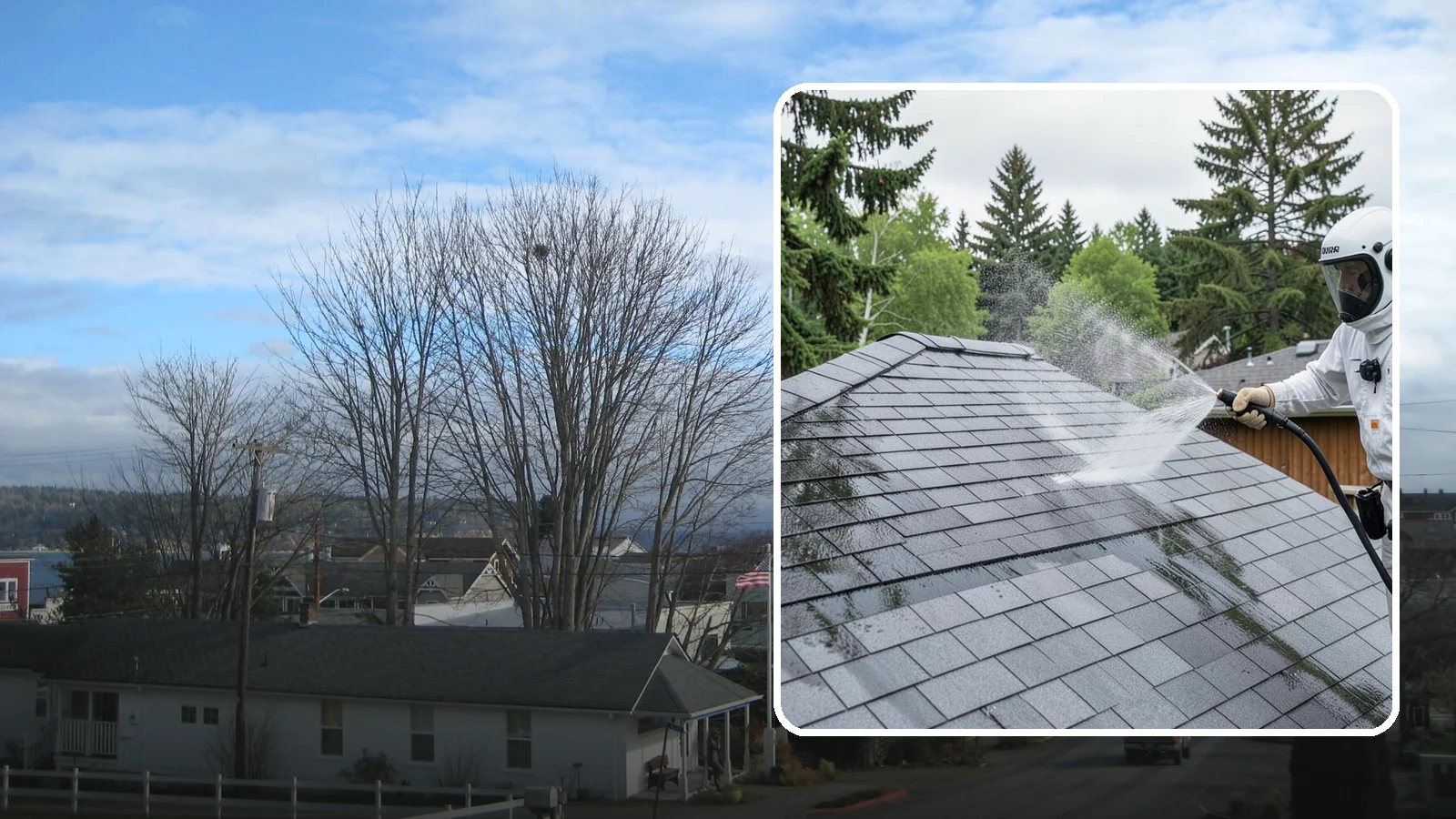 Asphalt Shingle Roof Cleaning in Langley, Island County, WA - Specialized cleaning for asphalt and composition shingle roofs that removes the black streaks common across Washington...