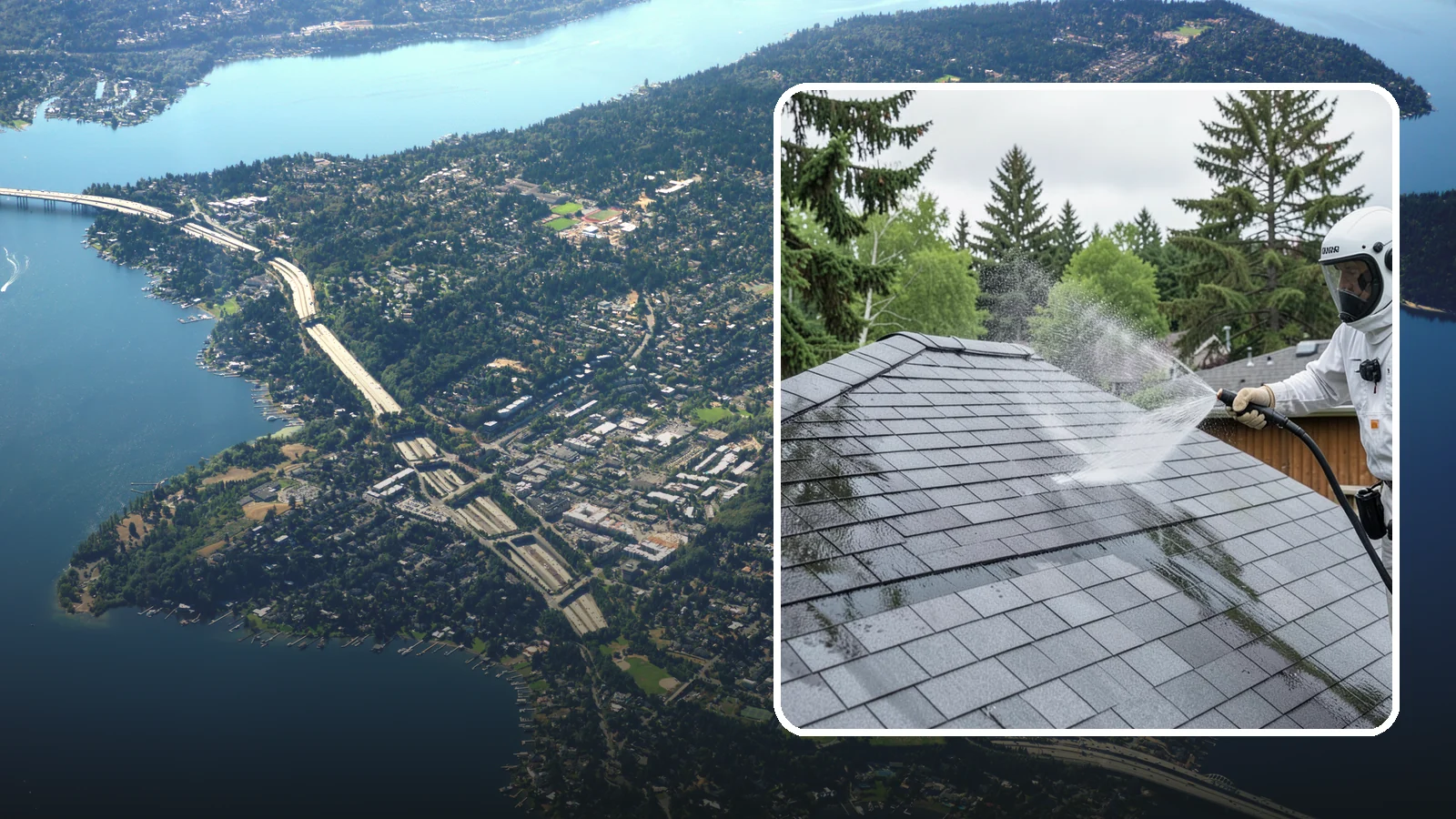 Asphalt Shingle Roof Cleaning in Mercer Island, King County, WA - Specialized cleaning for asphalt and composition shingle roofs that removes the black streaks common across Washington...