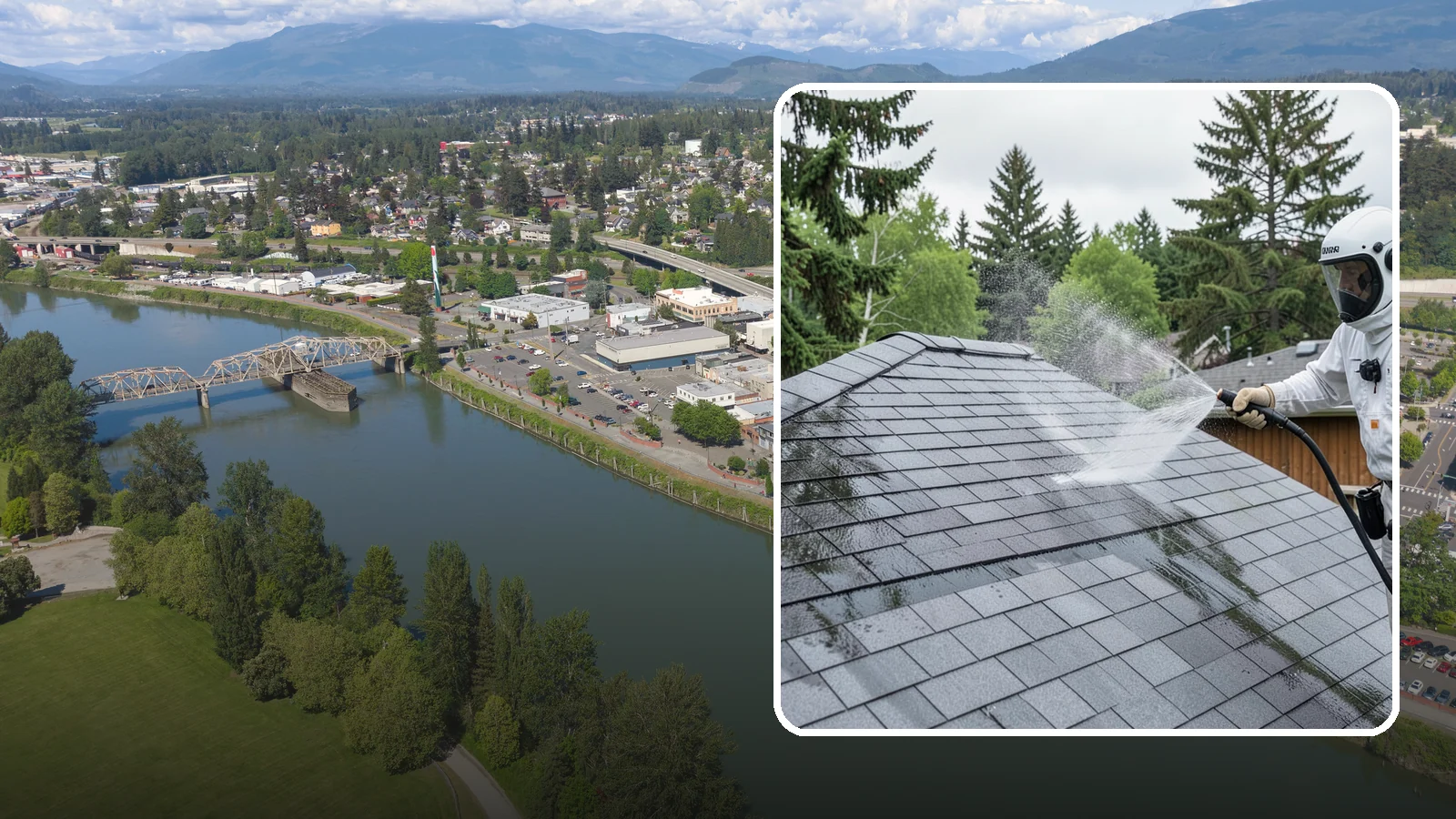 Asphalt Shingle Roof Cleaning in Mount Vernon, Skagit County, WA - Specialized cleaning for asphalt and composition shingle roofs that removes the black streaks common across Washington...