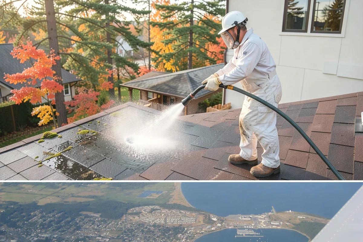 Asphalt Shingle Roof Cleaning in Oak Harbor, Island County, WA - Plan shingle treatments for the drier summer window when solutions can fully break the algae down.