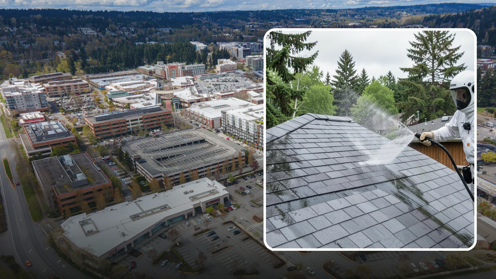Asphalt Shingle Roof Cleaning in Redmond, King County, WA - Specialized cleaning for asphalt and composition shingle roofs that removes the black streaks common across Washington...