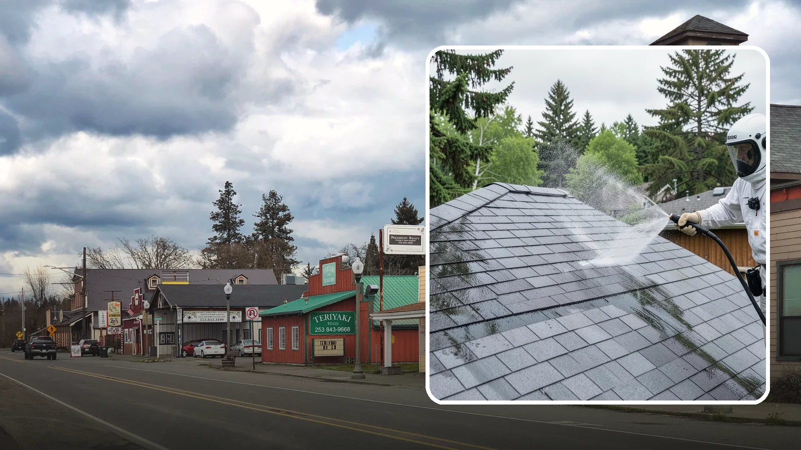 Asphalt Shingle Roof Cleaning in Roy, Pierce County, WA - Specialized cleaning for asphalt and composition shingle roofs that removes the black streaks common across Washington...