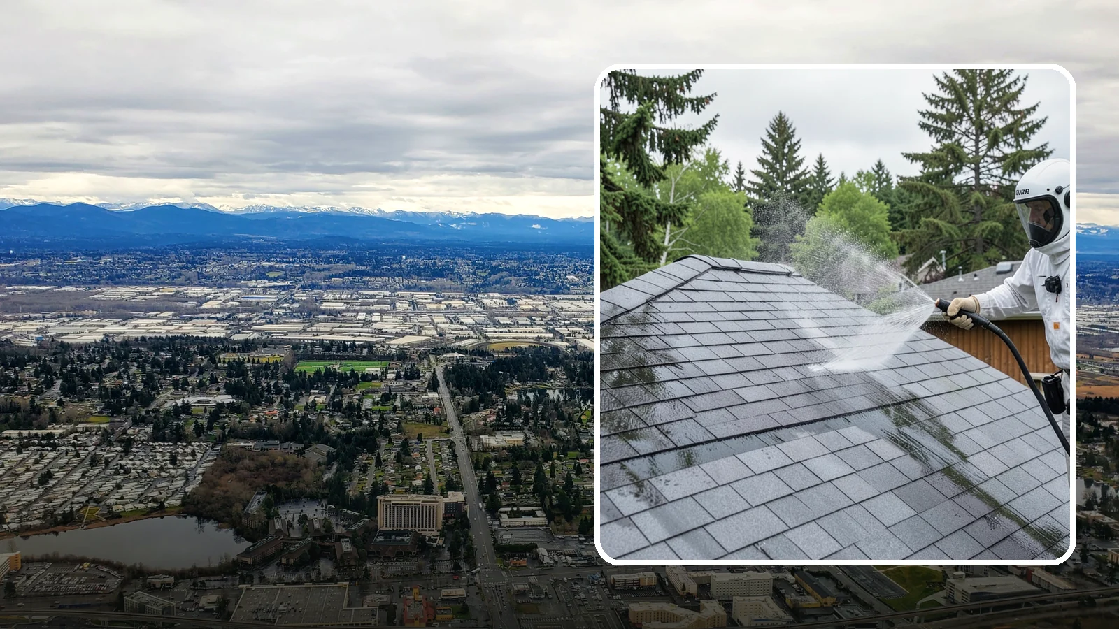 Asphalt Shingle Roof Cleaning in SeaTac, King County, WA - Specialized cleaning for asphalt and composition shingle roofs that removes the black streaks common across Washington...